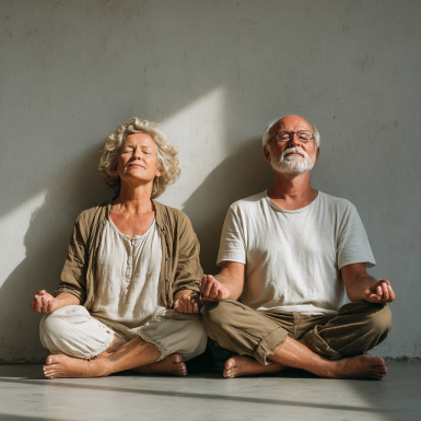 Група літніх людей займається йогою в парку